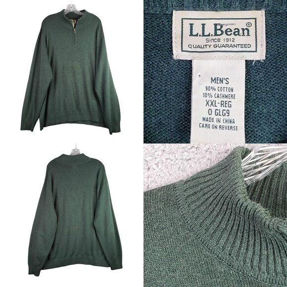 LL Bean Sweater Cashmere Cotton Pullover Quarter Zip Men’s XXL Green Chunky Knit - Picture 1 of 9